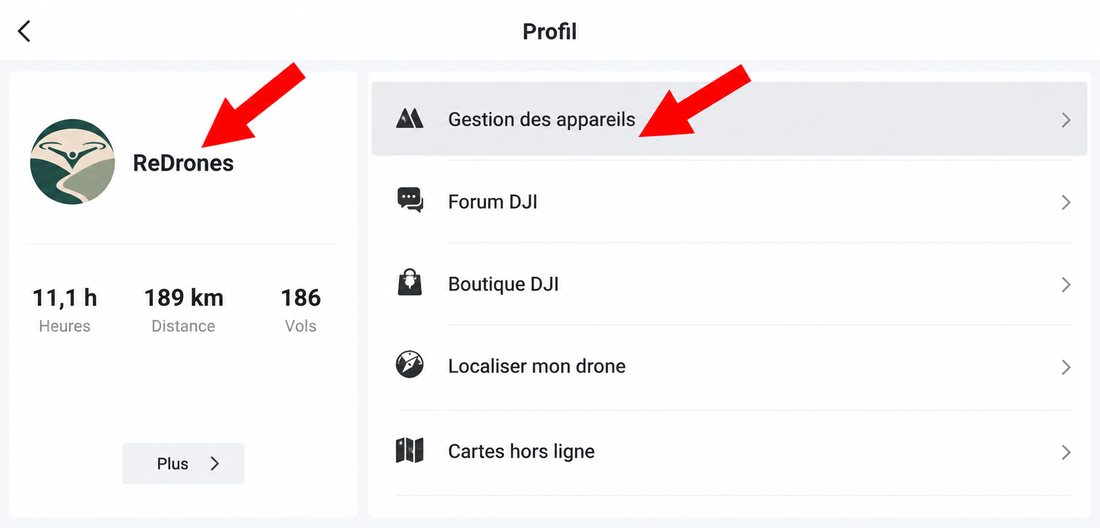 À gauche, le pseudo du compte connecté. À droite, l'entrée « Gestion des appareils ».