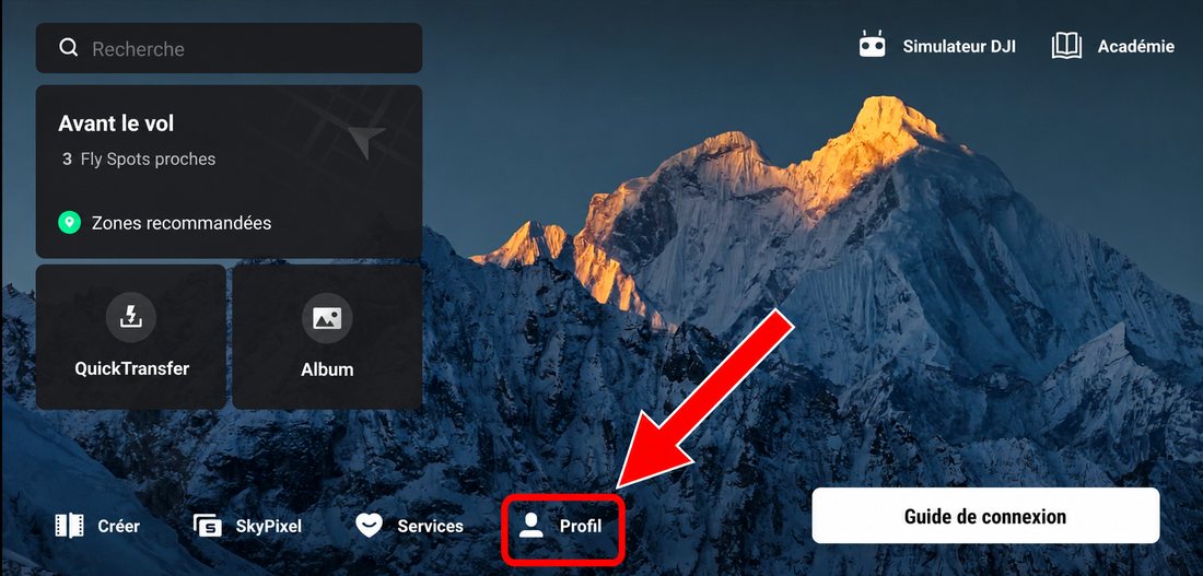 Écran d'accueil (ici une DJI RC 2) : le bouton « Profil » se trouve en bas. L'écran est identique dans DJI Fly sur téléphone.
